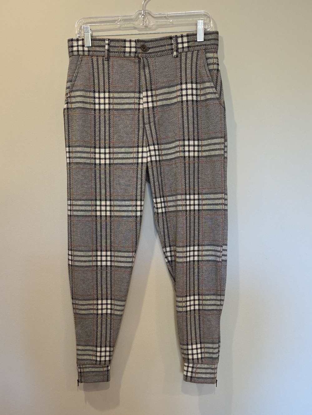 ZARA Plaid Chinos Zip Bottom Joggers in Gray and Brown
